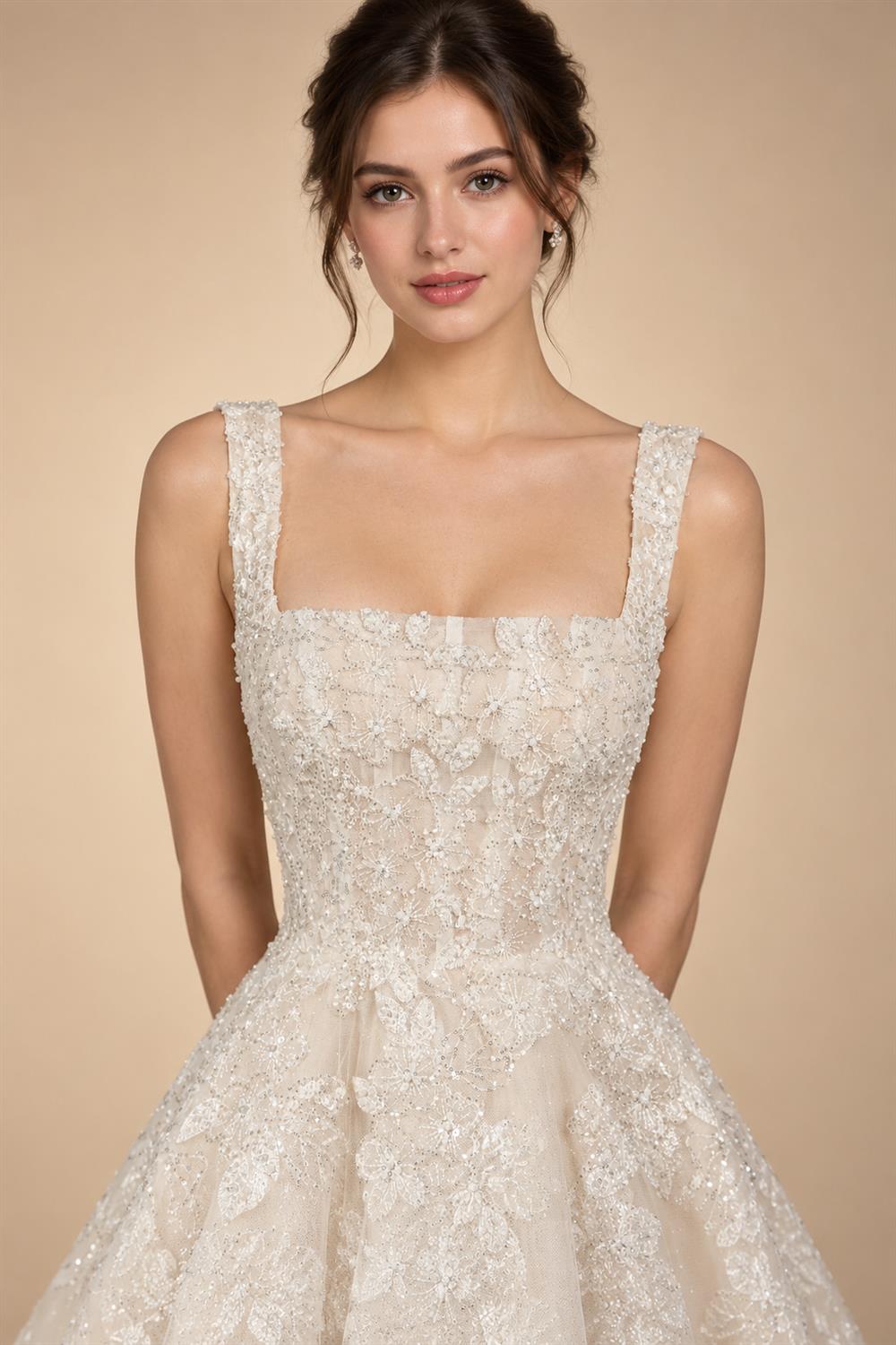 Romantic Champagne Sleeveless A-Line Short Wedding Dress with Deep V Back ZP046