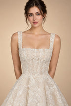 Romantic Champagne Sleeveless A-Line Short Wedding Dress with Deep V Back ZP046