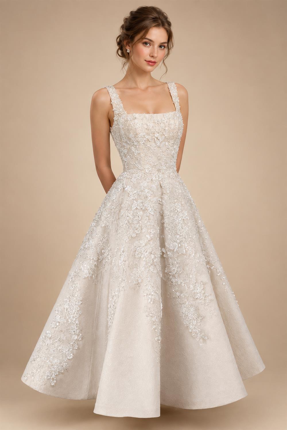 Romantic Champagne Sleeveless A-Line Short Wedding Dress with Deep V Back ZP046
