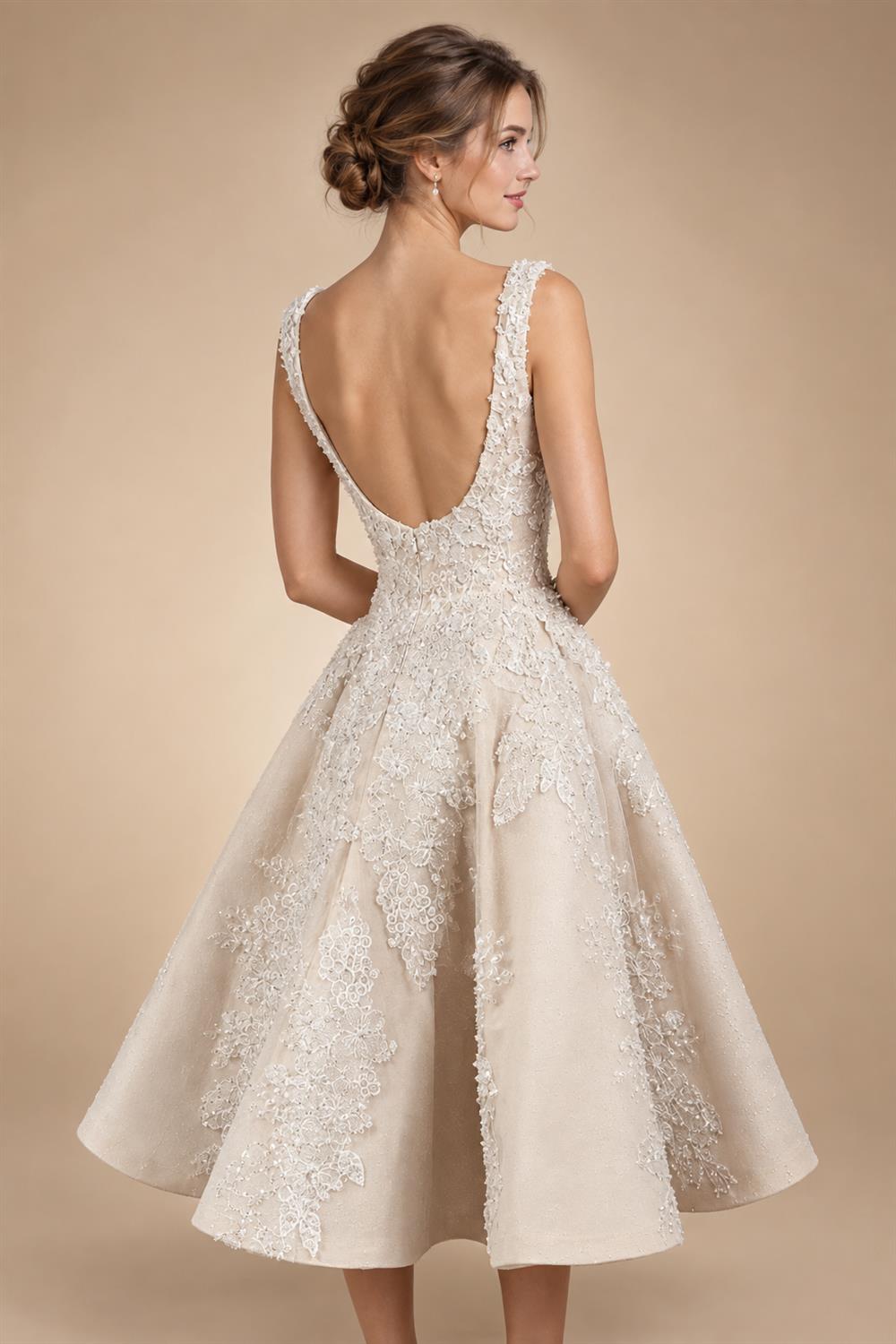 Romantic Champagne Sleeveless A-Line Short Wedding Dress with Deep V Back ZP046