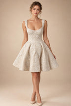Romantic Champagne Sleeveless A-Line Short Wedding Dress with Deep V Back ZP046