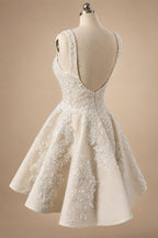 Romantic Champagne Sleeveless A-Line Short Wedding Dress with Deep V Back ZP046