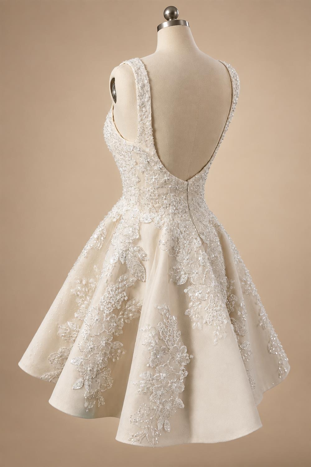 Romantic Champagne Sleeveless A-Line Short Wedding Dress with Deep V Back ZP046