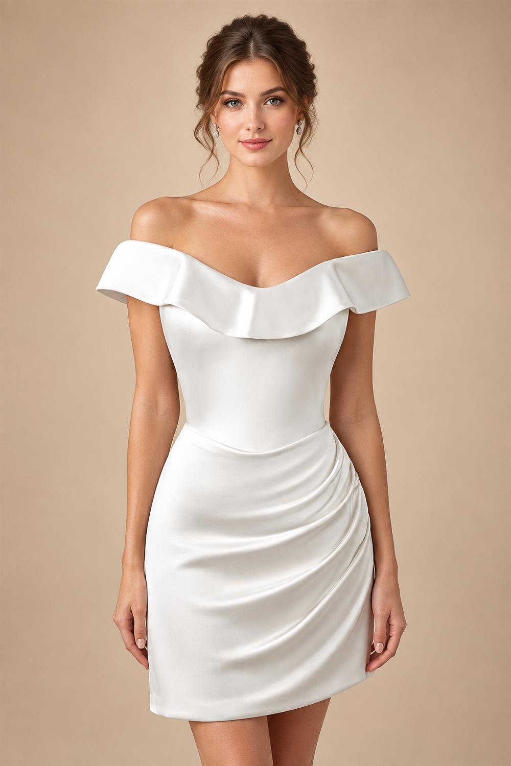 Luxury Lvory Ruched Bodycon Mini Wedding Dress ZP047