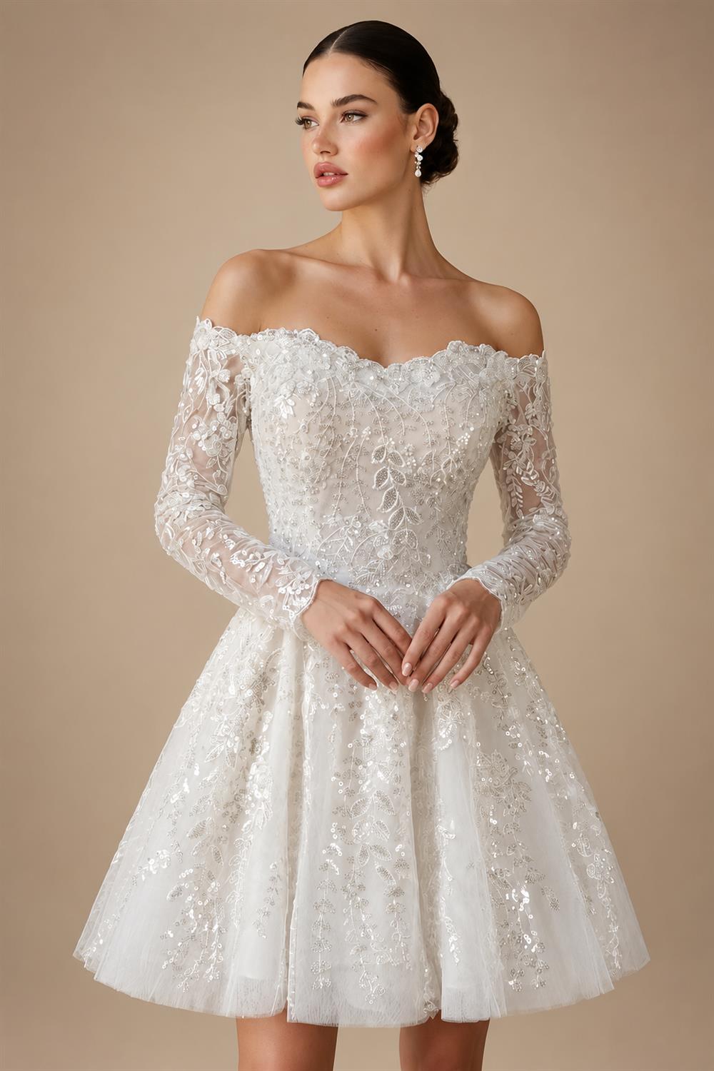 Elegant Off White Off-the-Shoulder Lace Short Wedding Dress ZP048