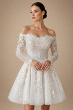 Elegant Off White Off-the-Shoulder Lace Short Wedding Dress ZP048