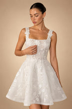 Luxury Off White 3D Floral Appliqué Short Wedding Dress with Sparkle Tulle ZP049