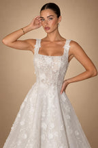 Luxury Off White 3D Floral Appliqué Short Wedding Dress with Sparkle Tulle ZP049