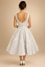 Luxury Off White 3D Floral Appliqué Short Wedding Dress with Sparkle Tulle ZP049