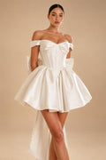 Elegant Lvory Off-the-Shoulder Satin Wedding Dress with Large Bow ZP051