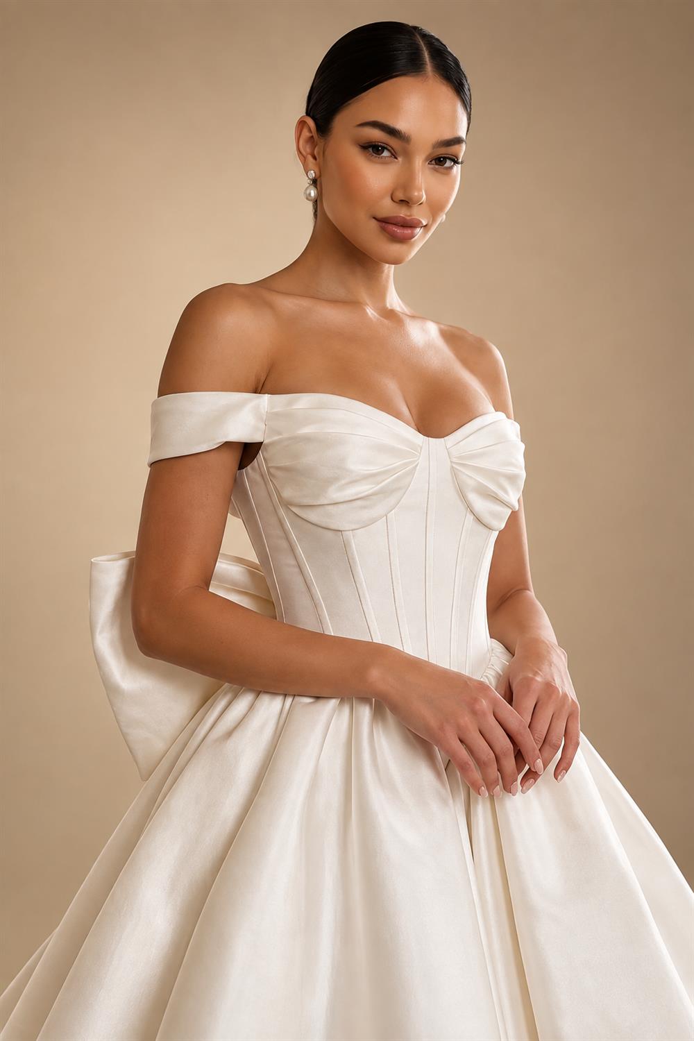 Elegant Lvory Off-the-Shoulder Satin Wedding Dress with Large Bow ZP051
