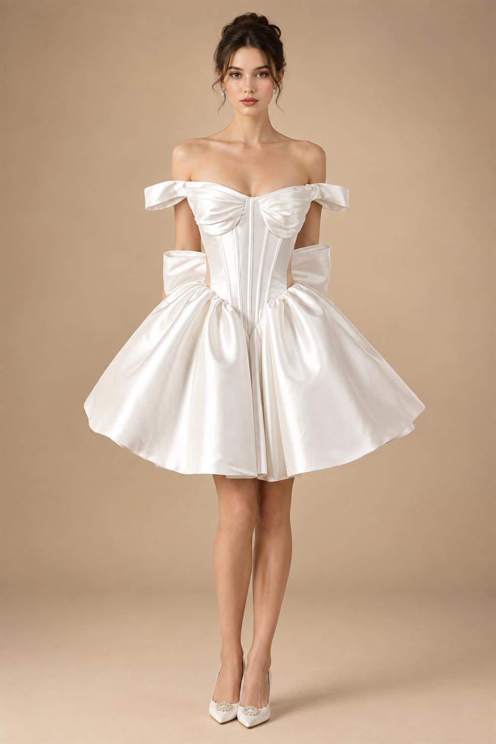 Elegant Lvory Off-the-Shoulder Satin Wedding Dress with Large Bow ZP051