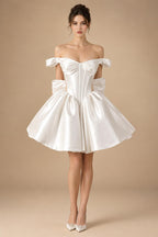 Elegant Lvory Off-the-Shoulder Satin Wedding Dress with Large Bow ZP051