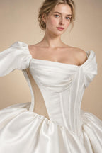 Elegant Lvory Off-the-Shoulder Satin Wedding Dress with Large Bow ZP051