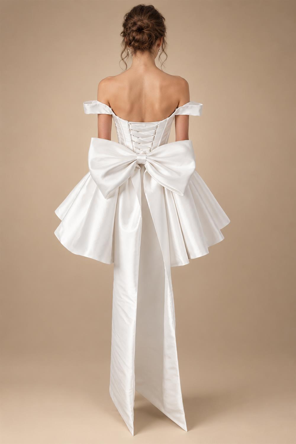 Elegant Lvory Off-the-Shoulder Satin Wedding Dress with Large Bow ZP051