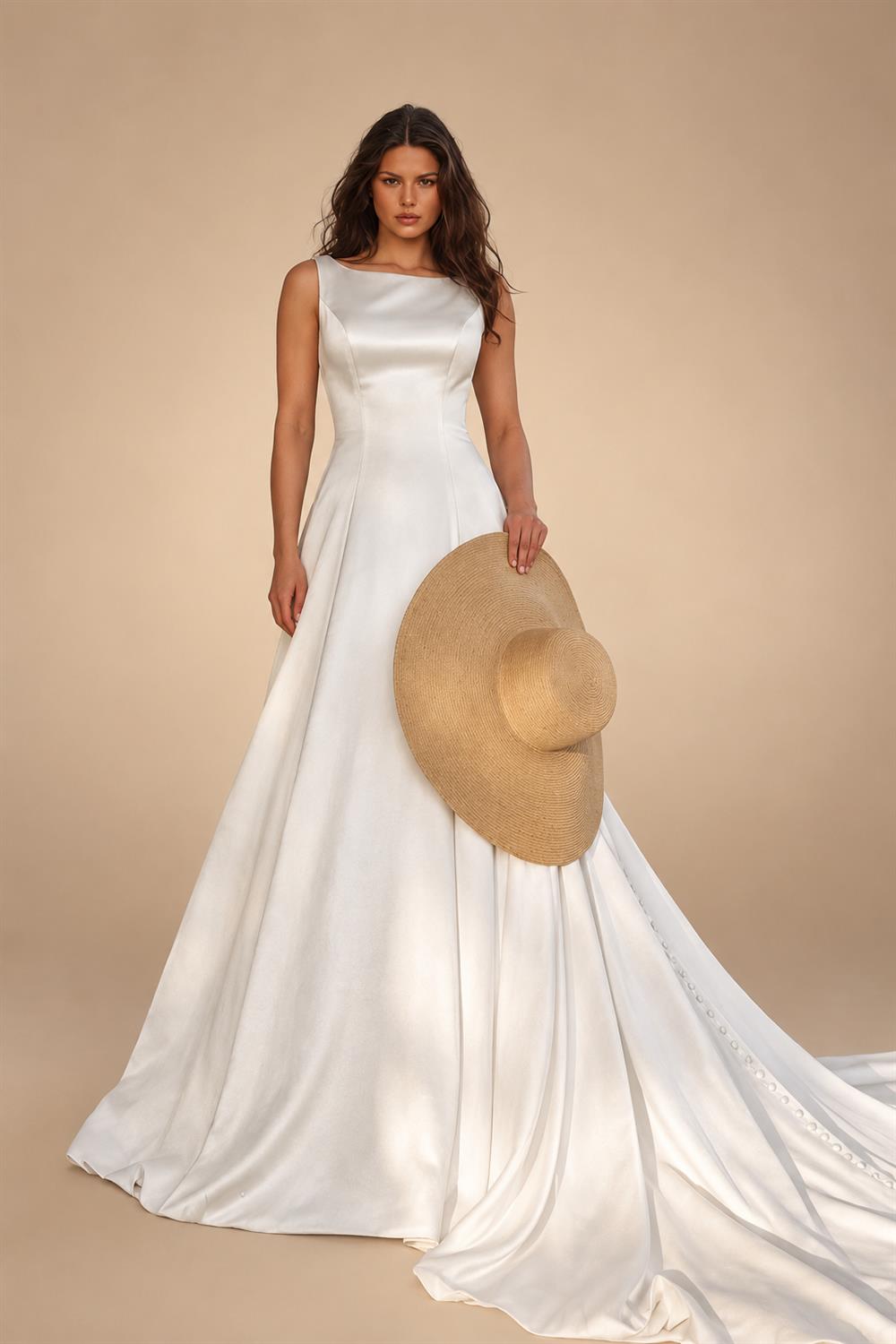 Romantic White Sleeveless Satin Wedding Dress with Low Back ZP052