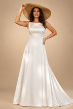 Romantic White Sleeveless Satin Wedding Dress with Low Back ZP052