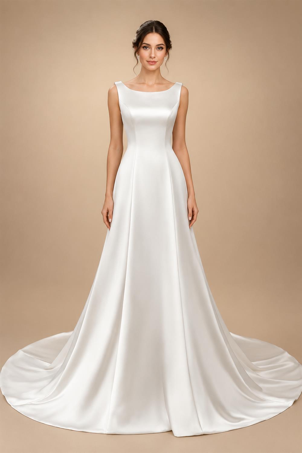 Romantic White Sleeveless Satin Wedding Dress with Low Back ZP052
