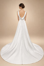 Romantic White Sleeveless Satin Wedding Dress with Low Back ZP052