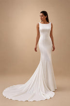 Romantic White Sleeveless Satin Wedding Dress with Low Back ZP052