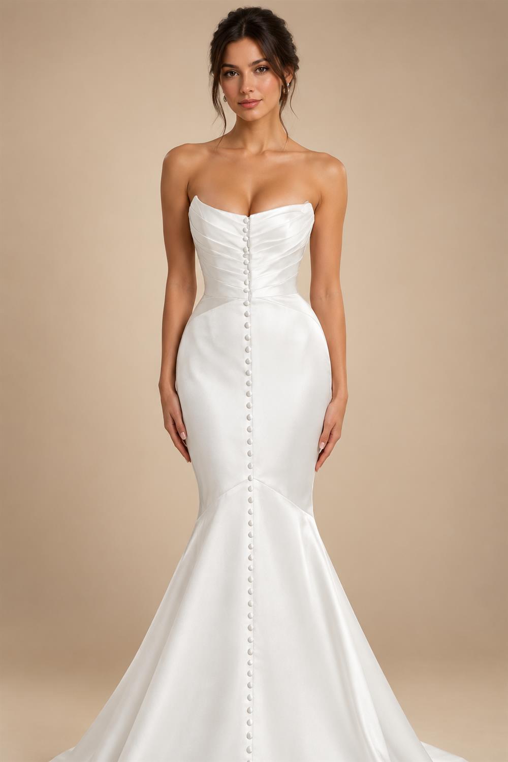 Glamorous Lvory Satin Wedding Dress with Buttons & Train ZP053