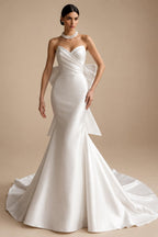 Glamorous Lvory Satin Wedding Dress with Buttons & Train ZP053