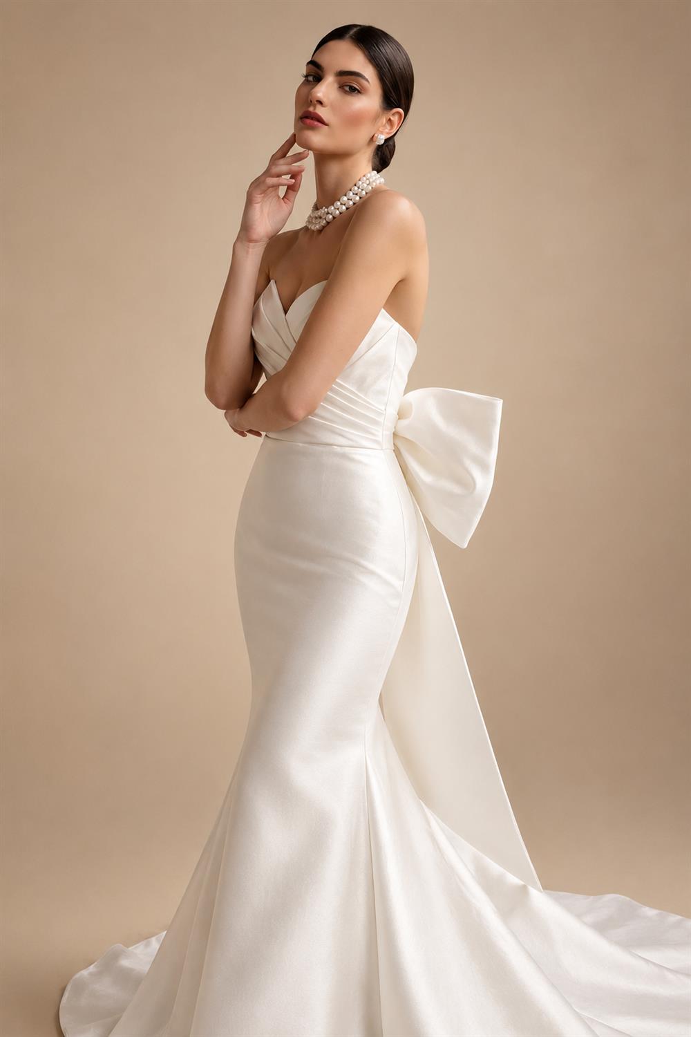 Glamorous Lvory Satin Wedding Dress with Buttons & Train ZP053
