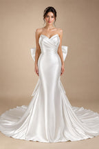 Glamorous Lvory Satin Wedding Dress with Buttons & Train ZP053