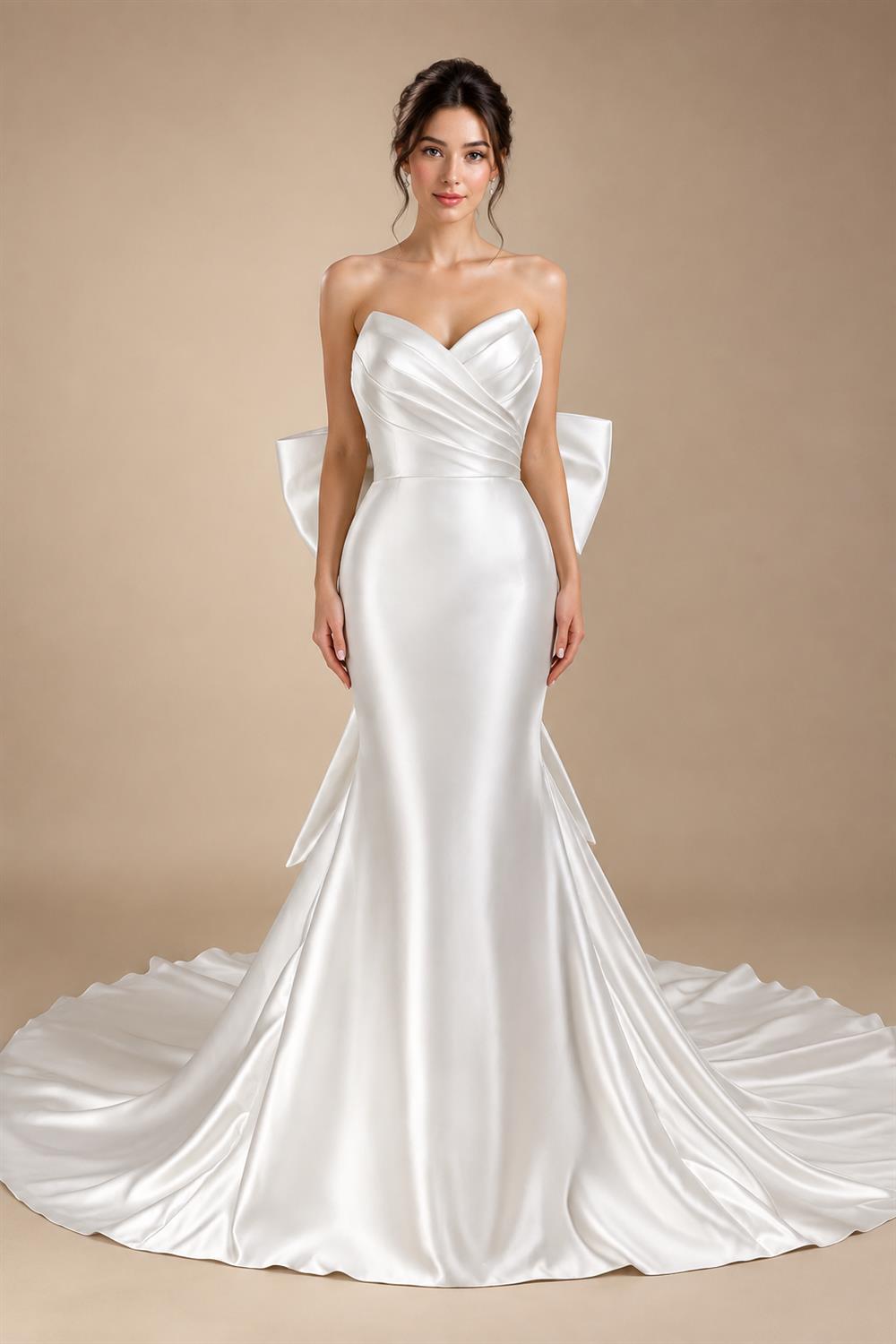 Glamorous Lvory Satin Wedding Dress with Buttons & Train ZP053