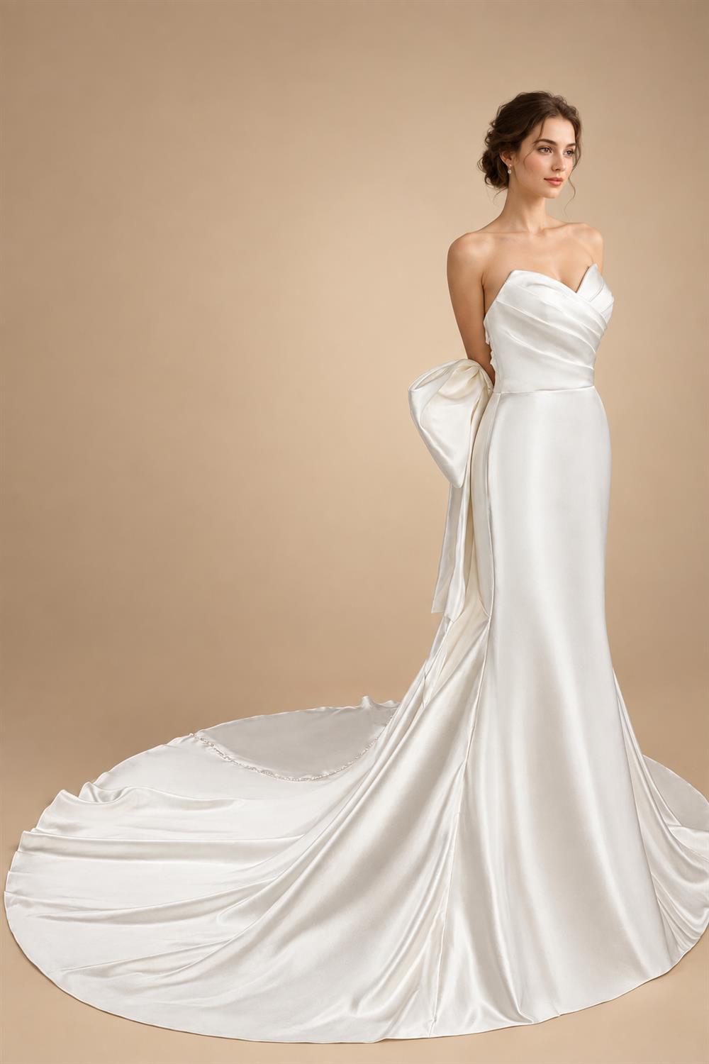 Glamorous Lvory Satin Wedding Dress with Buttons & Train ZP053