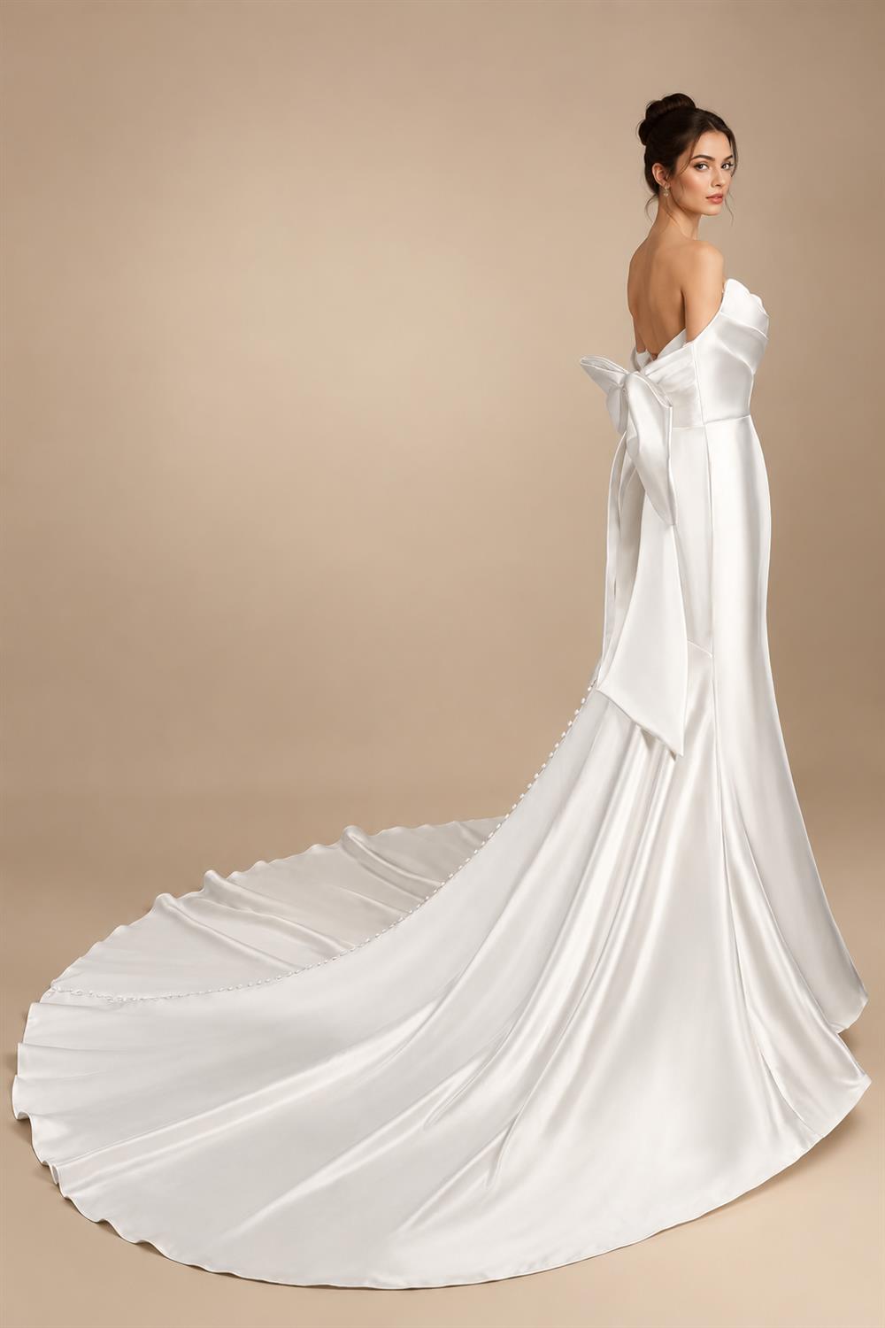 Glamorous Lvory Satin Wedding Dress with Buttons & Train ZP053