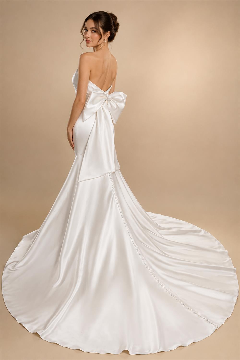 Glamorous Lvory Satin Wedding Dress with Buttons & Train ZP053