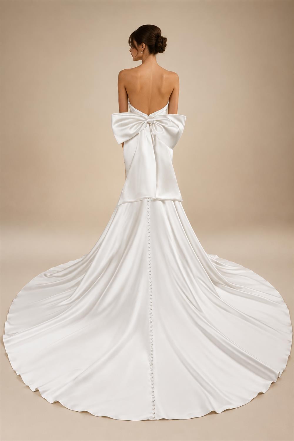 Glamorous Lvory Satin Wedding Dress with Buttons & Train ZP053