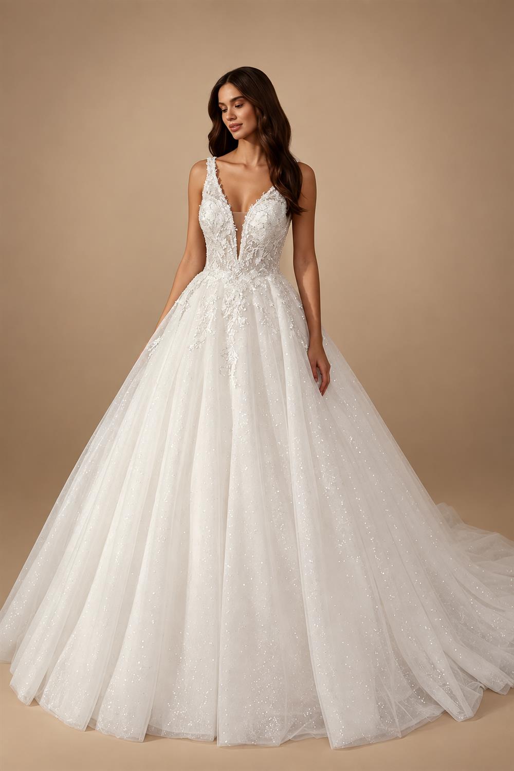Dreamy White Glitter Tulle Wedding Dress with Lace Bodice and Corset Back ZP054