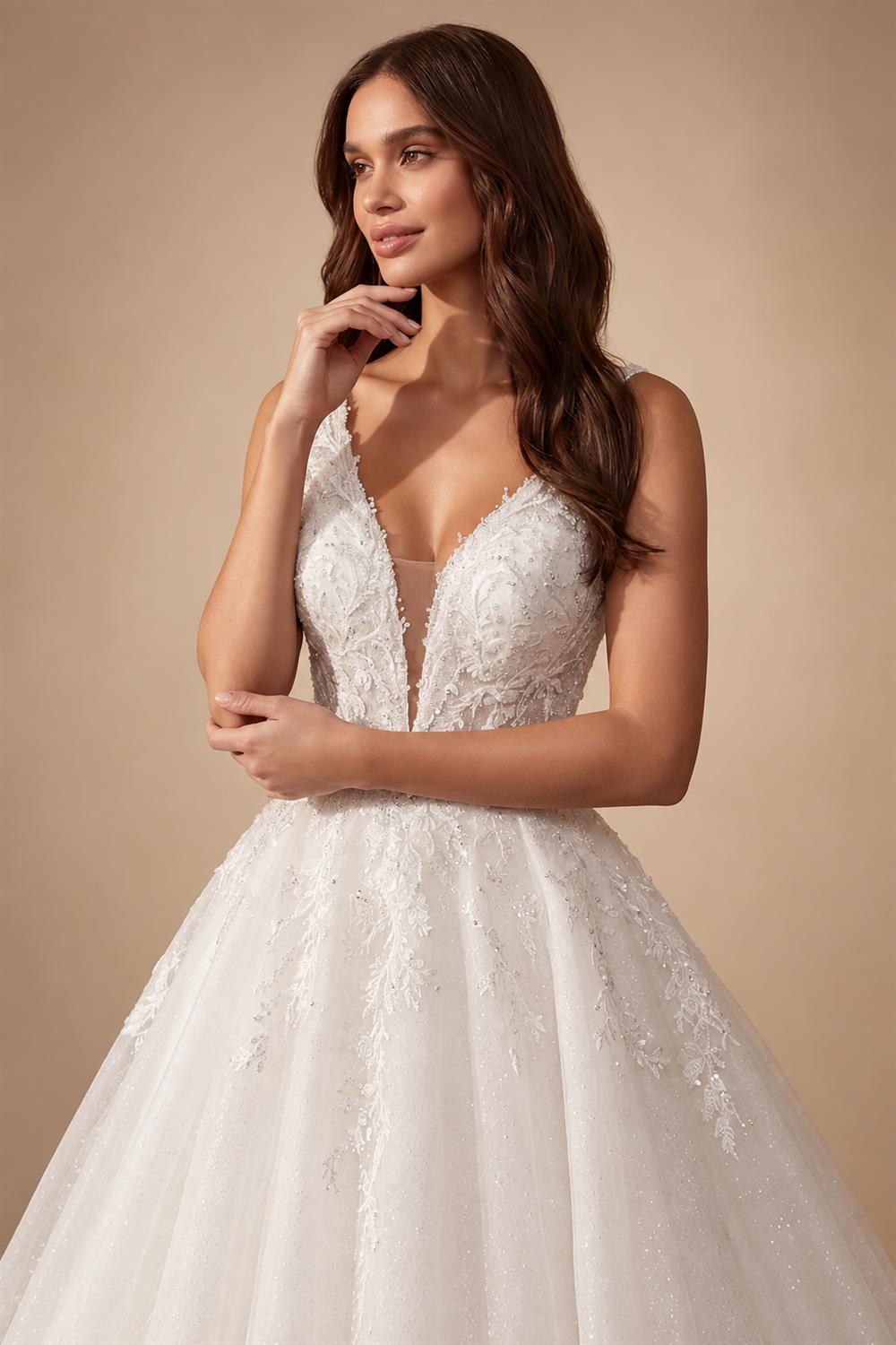 Dreamy White Glitter Tulle Wedding Dress with Lace Bodice and Corset Back ZP054