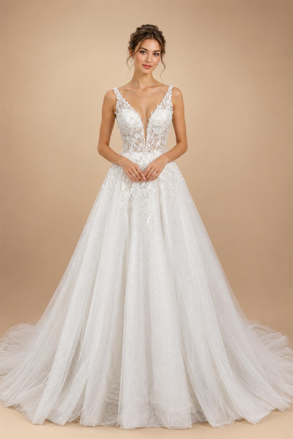 Dreamy White Glitter Tulle Wedding Dress with Lace Bodice and Corset Back ZP054