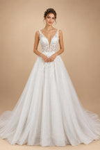 Dreamy White Glitter Tulle Wedding Dress with Lace Bodice and Corset Back ZP054