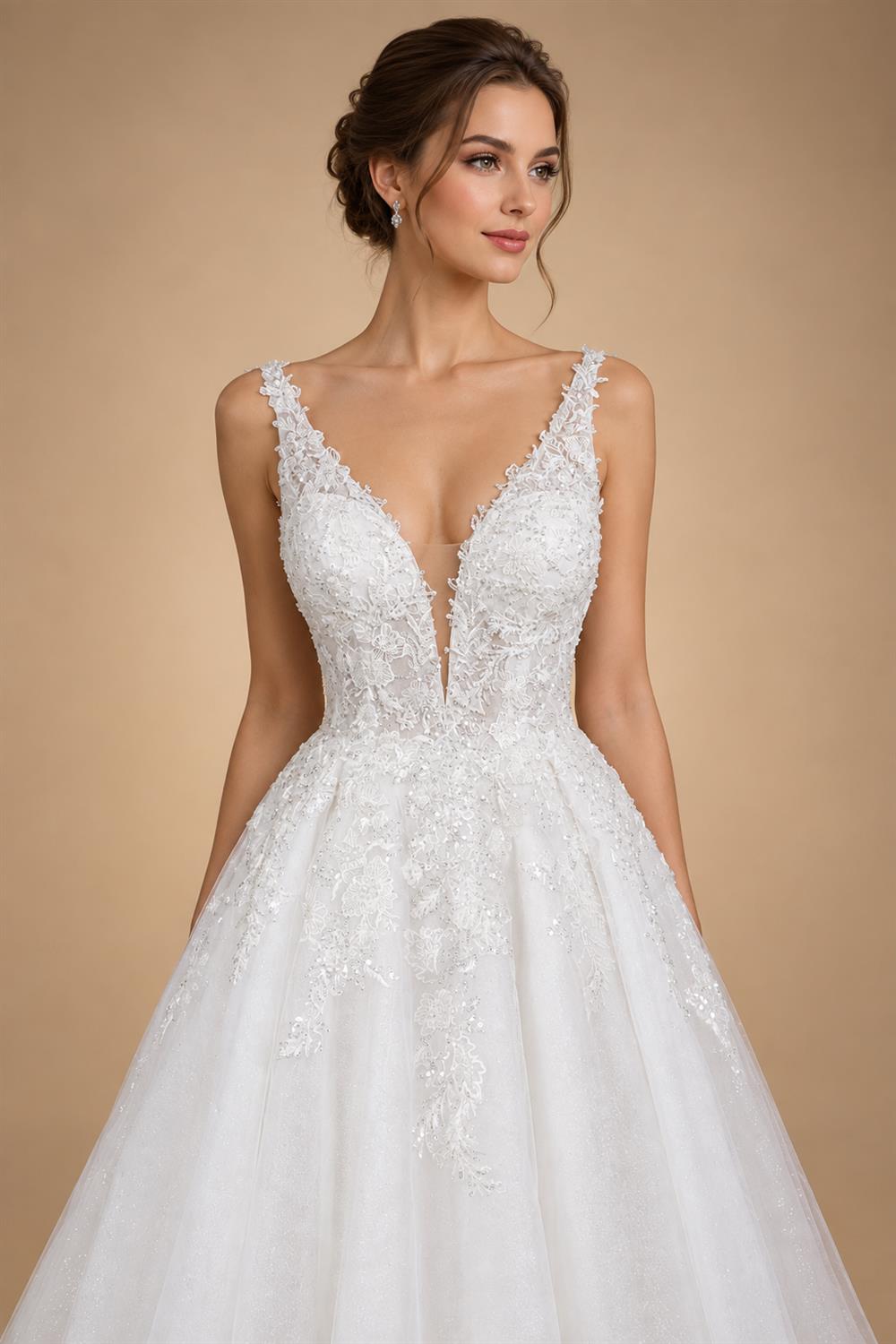 Dreamy White Glitter Tulle Wedding Dress with Lace Bodice and Corset Back ZP054