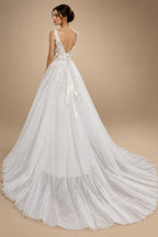 Dreamy White Glitter Tulle Wedding Dress with Lace Bodice and Corset Back ZP054