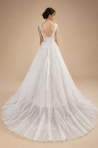 Dreamy White Glitter Tulle Wedding Dress with Lace Bodice and Corset Back ZP054