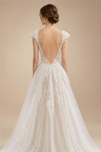 Elegant Ivory V-Neck Cap Sleeve A-Line Lace Tulle Wedding Dress ZP055