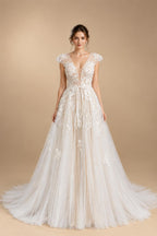 Elegant Ivory V-Neck Cap Sleeve A-Line Lace Tulle Wedding Dress ZP055