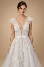 Elegant Ivory V-Neck Cap Sleeve A-Line Lace Tulle Wedding Dress ZP055