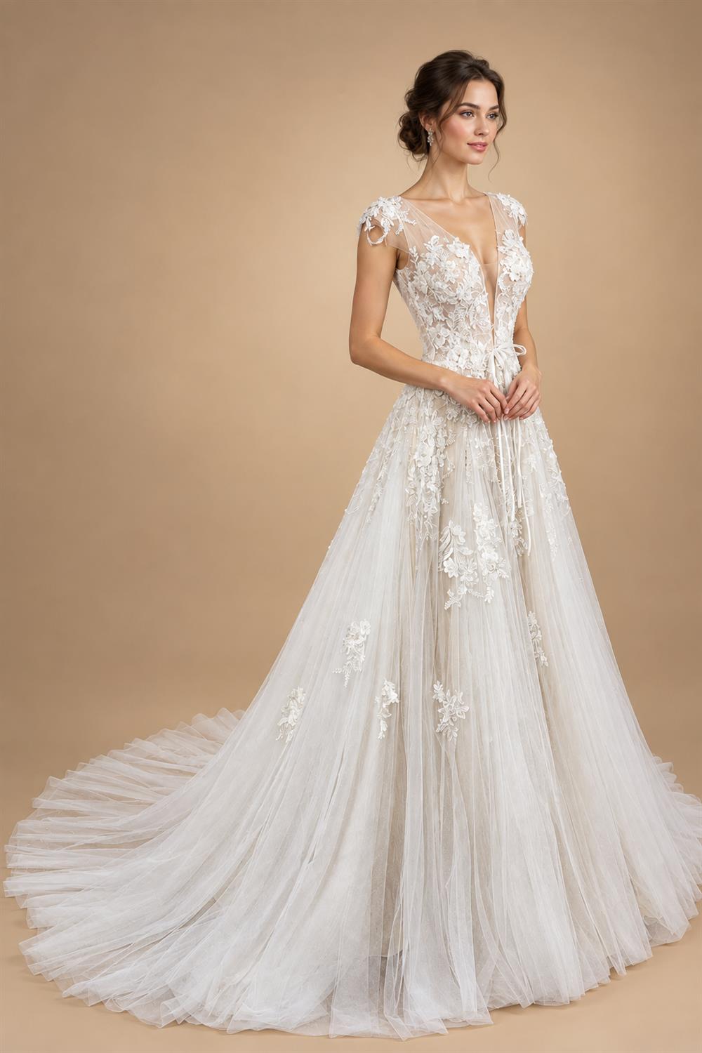 Elegant Ivory V-Neck Cap Sleeve A-Line Lace Tulle Wedding Dress ZP055