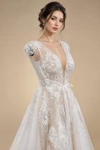 Elegant Ivory V-Neck Cap Sleeve A-Line Lace Tulle Wedding Dress ZP055