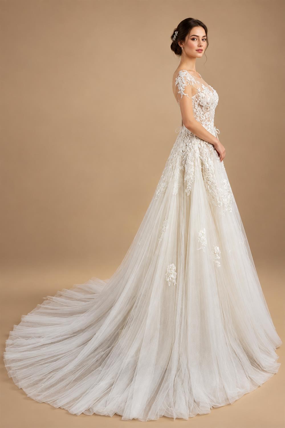 Elegant Ivory V-Neck Cap Sleeve A-Line Lace Tulle Wedding Dress ZP055
