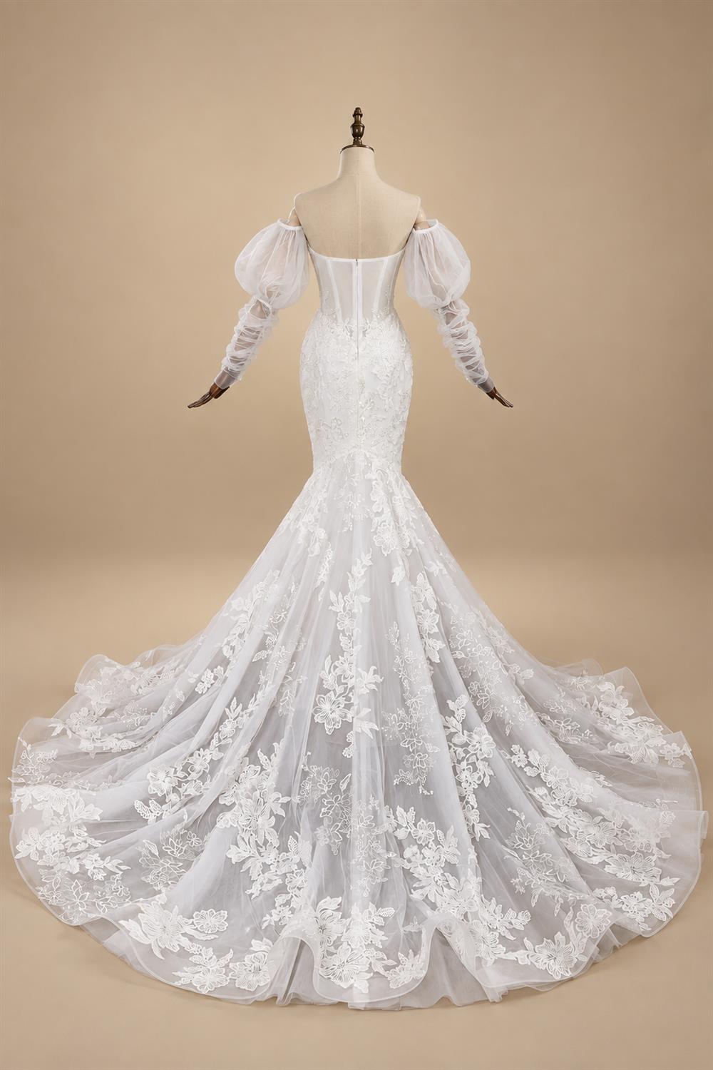 Glamorous White Sweetheart Neckline Mermaid Wedding Dress with Detachable Tulle Sleeves ZP056