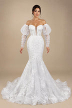 Glamorous White Sweetheart Neckline Mermaid Wedding Dress with Detachable Tulle Sleeves ZP056