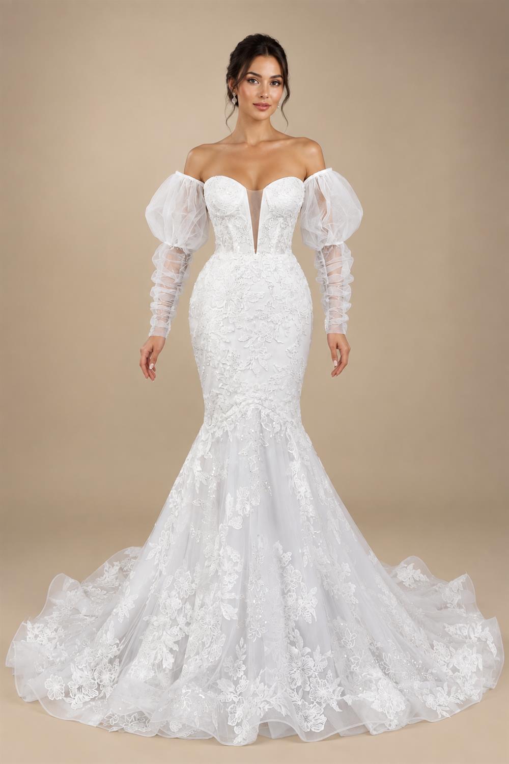 Glamorous White Sweetheart Neckline Mermaid Wedding Dress with Detachable Tulle Sleeves ZP056