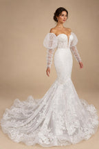 Glamorous White Sweetheart Neckline Mermaid Wedding Dress with Detachable Tulle Sleeves ZP056
